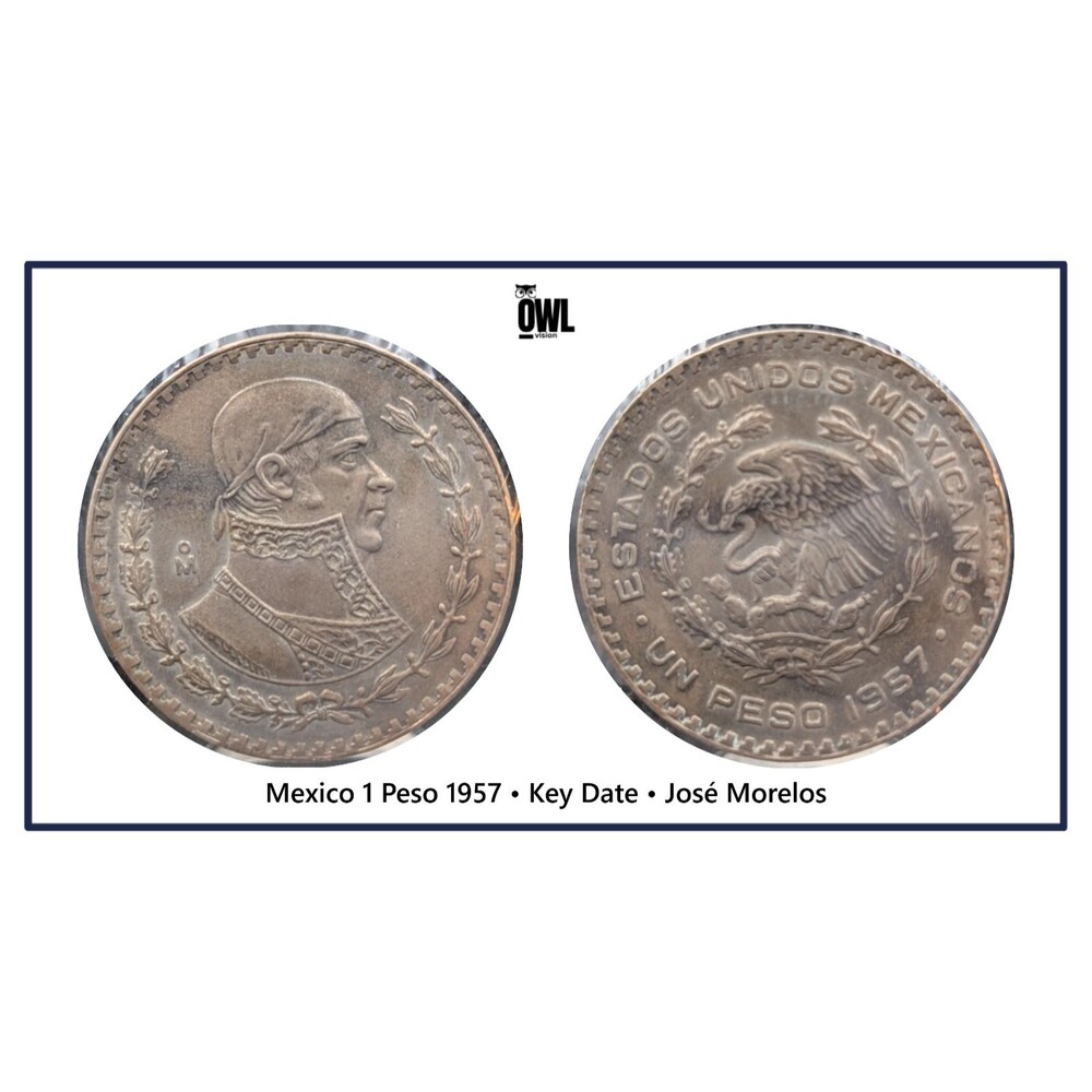 Mexico 1 Peso 1957 • Key Date • José Morelos • .100 Silver • Circulated